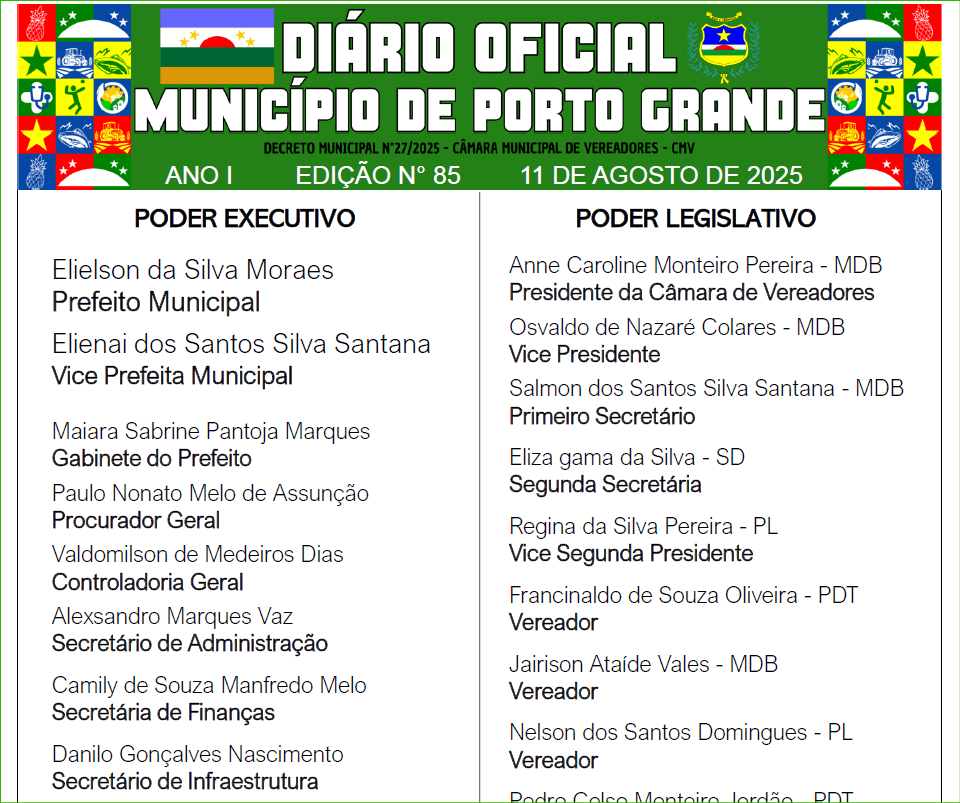 DIÁRIO OFICIAL - EDIÇÃO N° 85 - 11 DE AGOSTO DE 2025